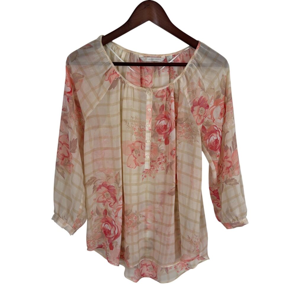 LC Lauren Conrad Pink Rose Tan Plaid Sheer Blouse Top Women's Small
